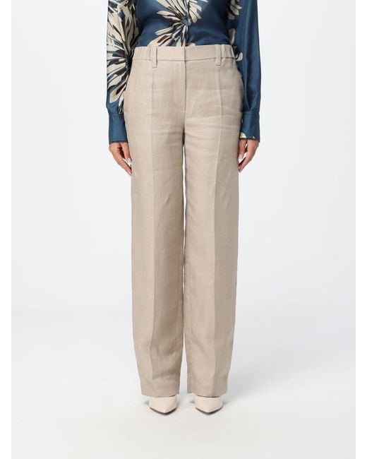 Brunello Cucinelli Natural Straight Linen Trousers With Nickel-Free Monili