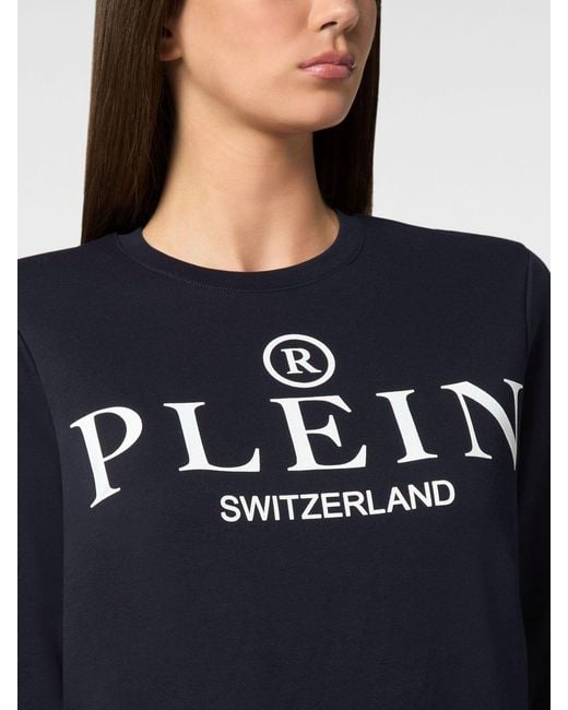 Philipp Plein Blue Crewneck Cotton Sweatshirt With Contrast Logo Print