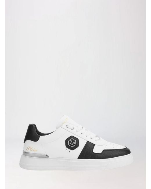Philipp Plein White Low-Top Smooth Leather Sneakers With Hexagon Logo for men
