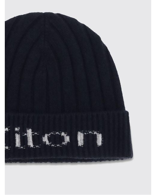 Kiton Blue Ribbed Merino Wool Beanie With Jacquard Logo And Cuff for men
