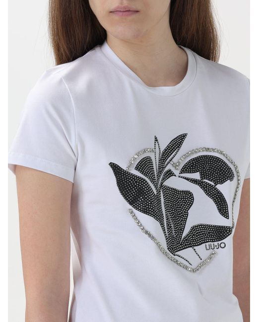 T-shirt in cotone con logo e strass di Liu Jo in White