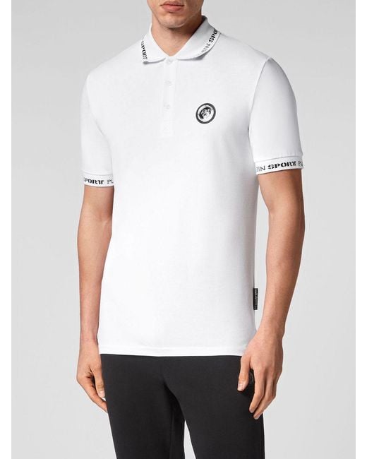Philipp Plein White Slim Fit Cotton Polo Shirt With Graphic Print And Ribbed Collar for men