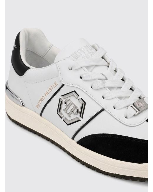 Philipp Plein White Retro Hustle Leather Sneakers With Hexagon Logo for men