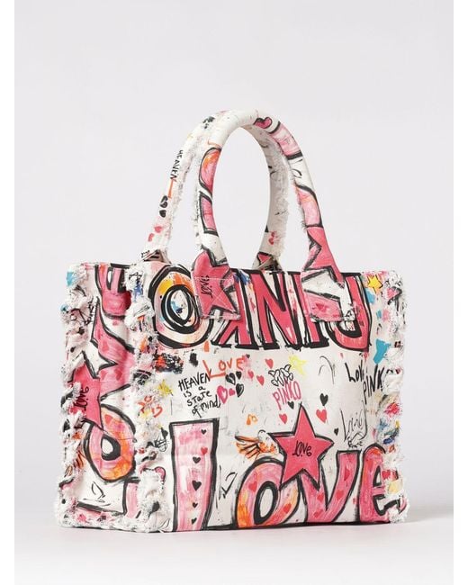 Pinko Red Medium Beach Canvas Shopper Bag With Logo