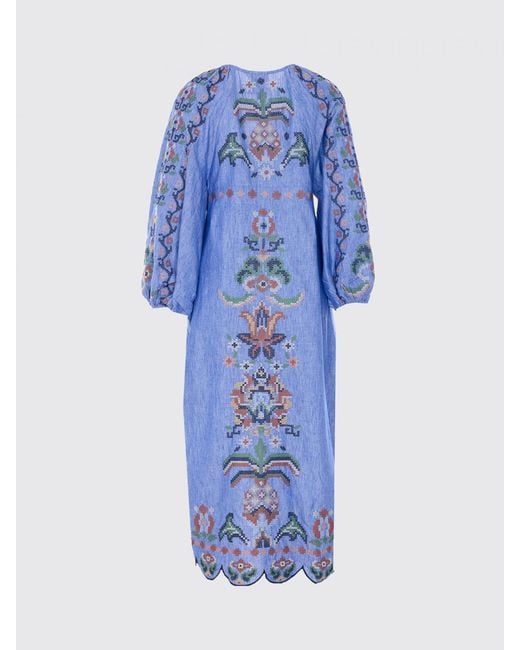 Farm Rio Blue Garden Tapestry Linen Dress With Embroidery