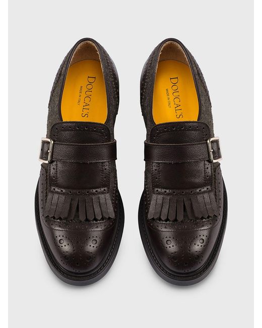 Doucal's White Leather And Wool Monk Strap Shoes With Brogue Detail