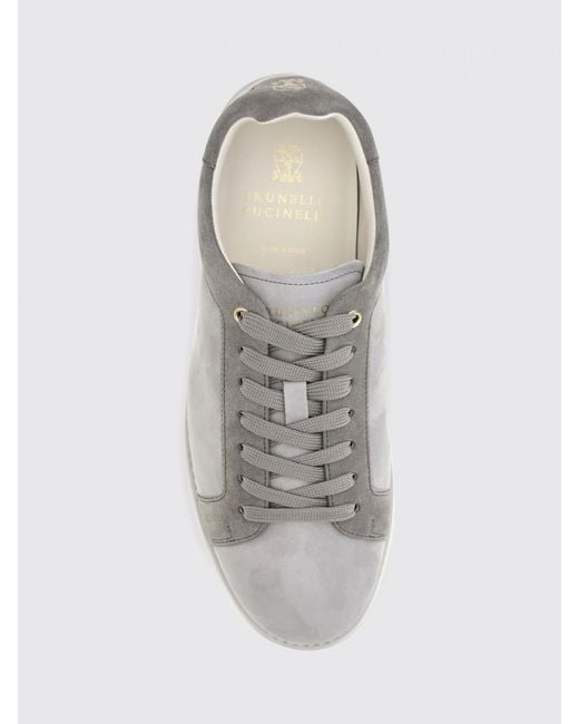 Brunello Cucinelli White Low Top Leather And Suede Sneakers With Printed Logo for men