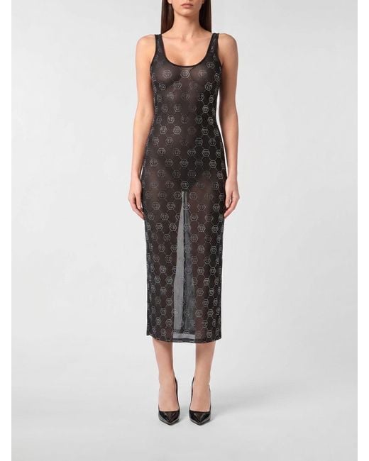 Philipp Plein Black Rhinestone Jersey Midi Dress