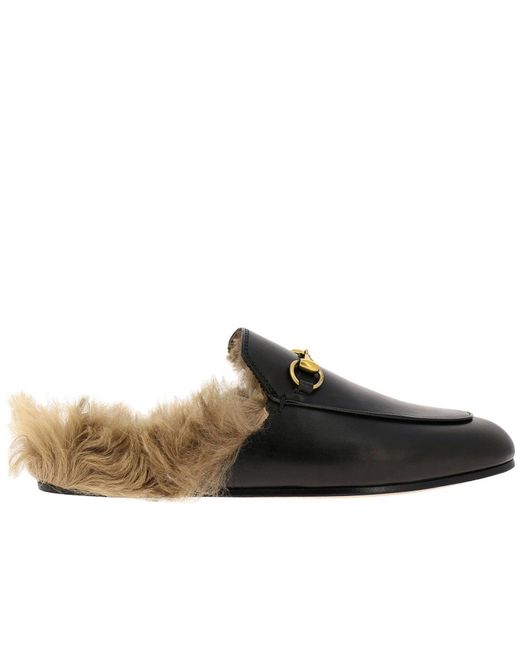 Sandalo princetown a pantofola in vera pelle con morsetto metallico e interni di pelliccia di Gucci in Black