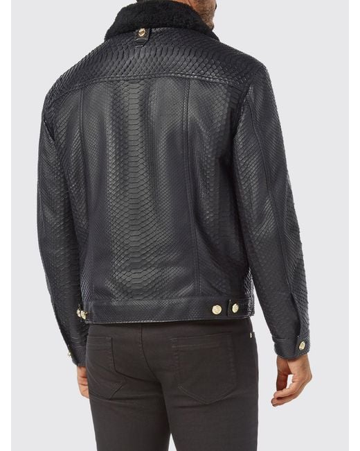 Billionaire Gray Python Leather Biker Jacket With Fur Collar for men
