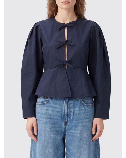 Ganni Blue Cropped Cotton Jacket With Ruched Shoulders And Tie Fastening