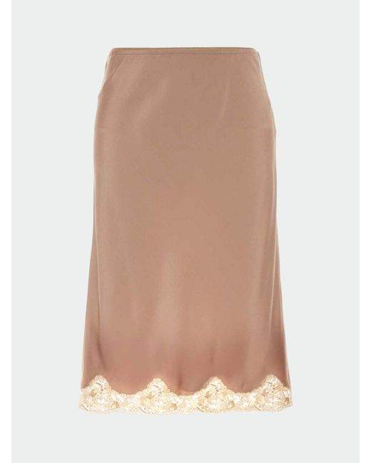 Saint Laurent Natural Satin Midi Skirt With Lace Inserts