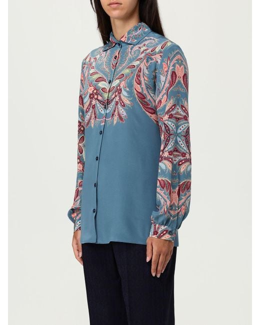 Etro Blue Silk Shirt With Placed Paisley Foliage Print