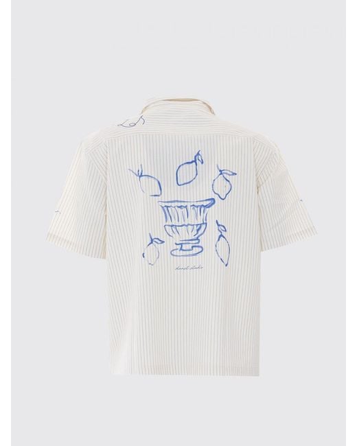 DUNST White Striped Cotton Bowling Shirt With Cuban Collar And Contrast Logo
