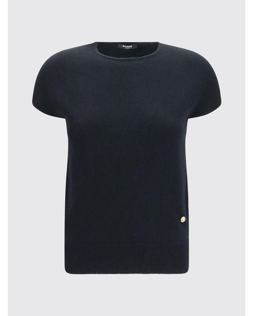 Balmain Black Crewneck Wool-Blend Knit Top With Short Sleeves