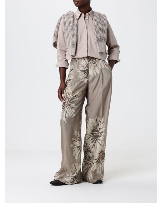 Brunello Cucinelli Natural Wide-Leg Silk Trousers With Floral Print