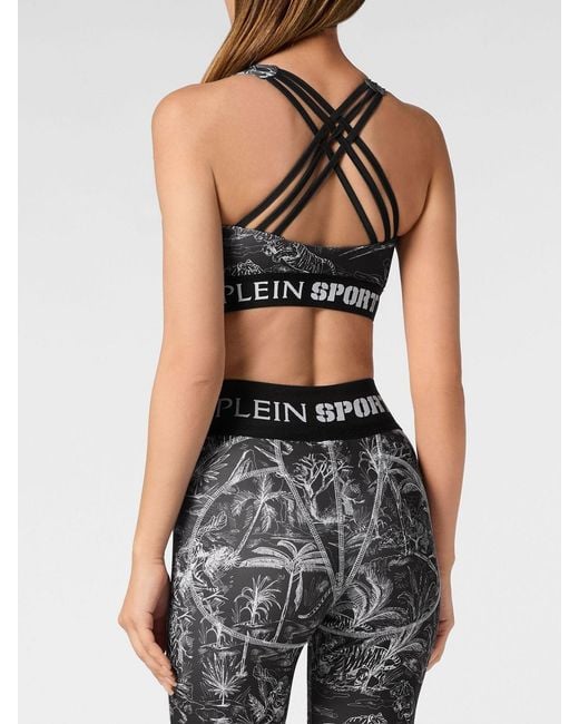 Philipp Plein Gray Cropped Tropical Print Jersey Sports Top With Criss-Cross Straps