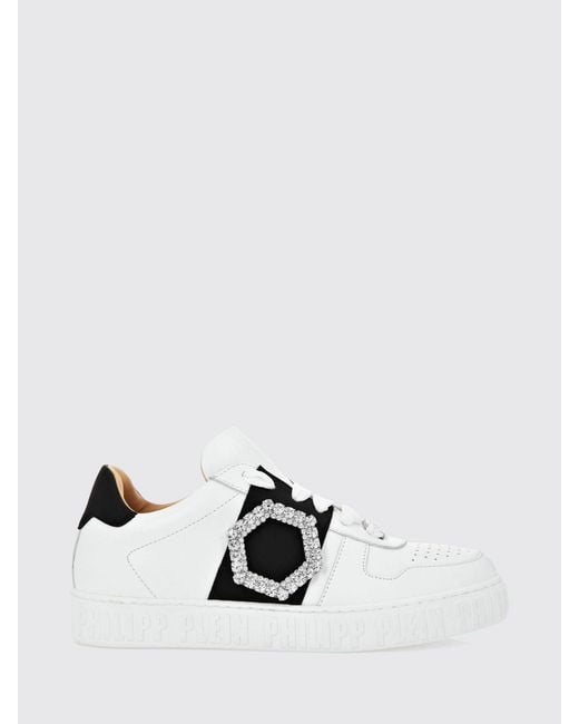 Philipp Plein White Low-Top Smooth Leather Sneakers With Jewel Buckle And Engraved Logo