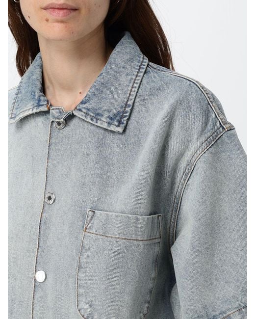 MSGM Gray Relaxed Fit Short-Sleeved Cotton Denim Bowling Shirt for men