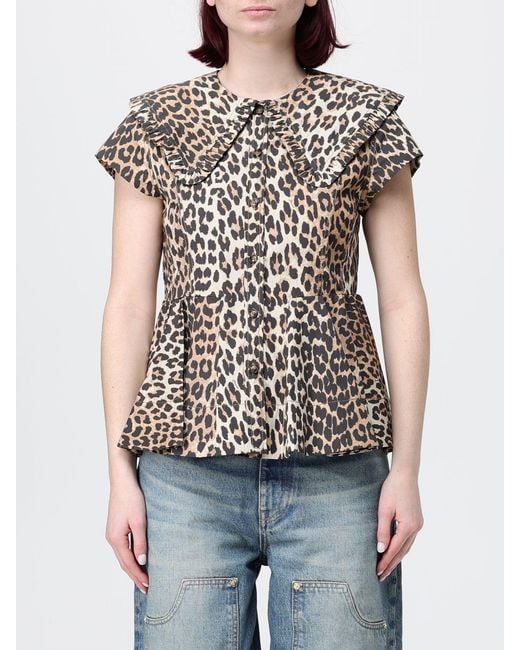 Ganni Brown Organic Cotton Shirt With Animal Print