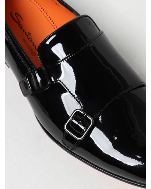 Santoni Black Patent Leather Monk Strap Shoes for men