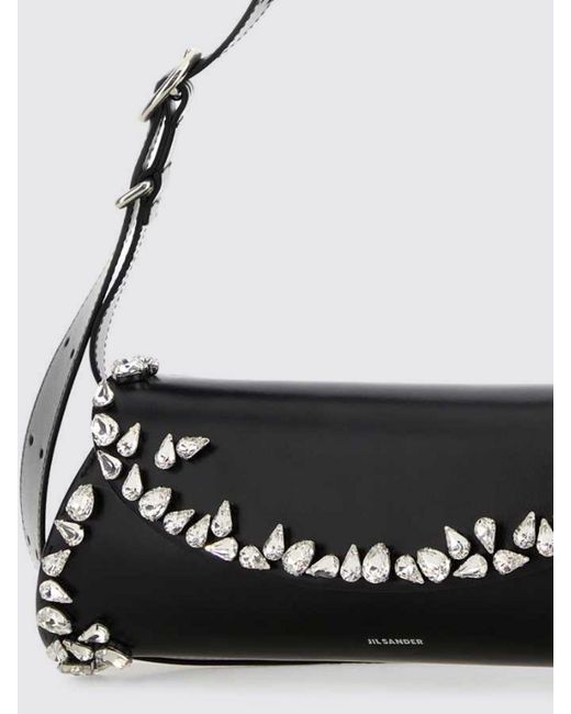 Jil Sander Black Cannolo Leather Bag With Rhinestone Embellishments