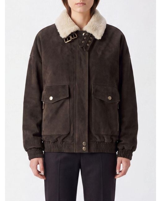 Semicouture Black Suede Leather Jacket With A Fur Collar And A Relaxed Fit
