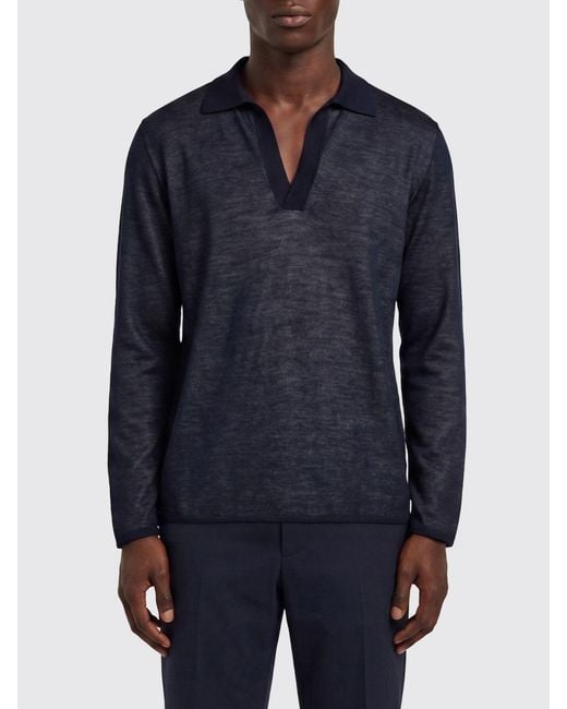 Ferragamo Blue Long-Sleeved Silk Polo With V-Neck for men