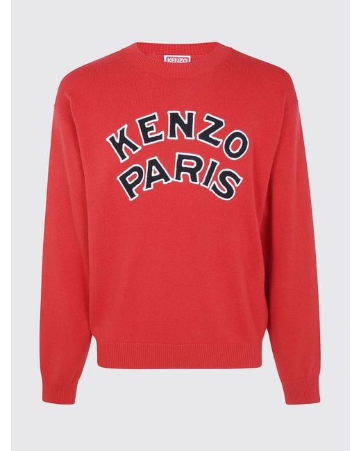 KENZO Red Merino Wool Crew Neck Jumper With Jacquard Logo for men