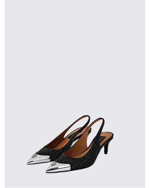 Philipp Plein Black Leather Slingback Pumps With Crystal Skull And Mid Heel