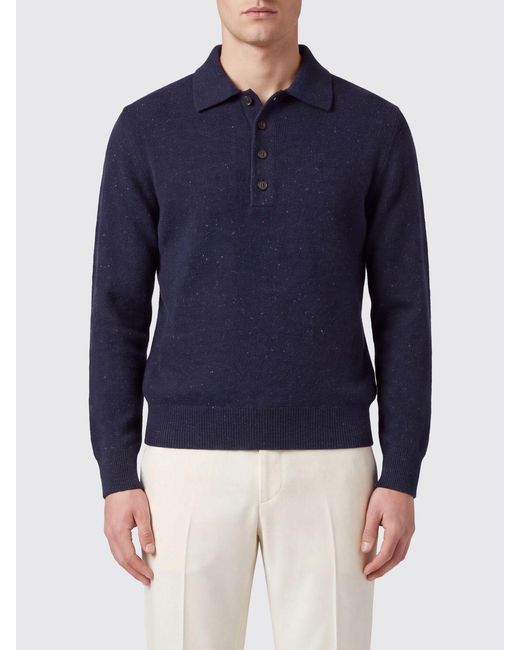 Eleventy Blue Long-Sleeved Knitted Wool Polo Shirt With 4-Button Placket for men