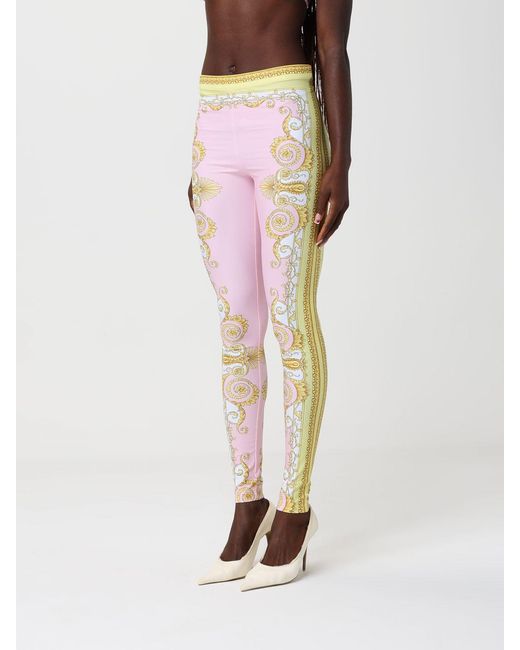 Versace Pink Stretch Fabric Leggings With Baroque Print