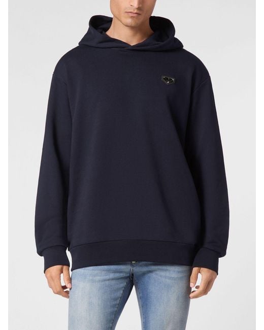 Philipp Plein Blue Dropped Shoulder Cotton Hoodie With Applied Logo for men