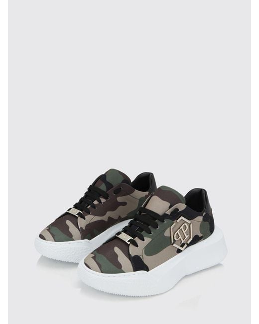Philipp Plein White Camouflage Cotton Low-Top Sneakers With Chunky Sole And Hexagon Logo for men