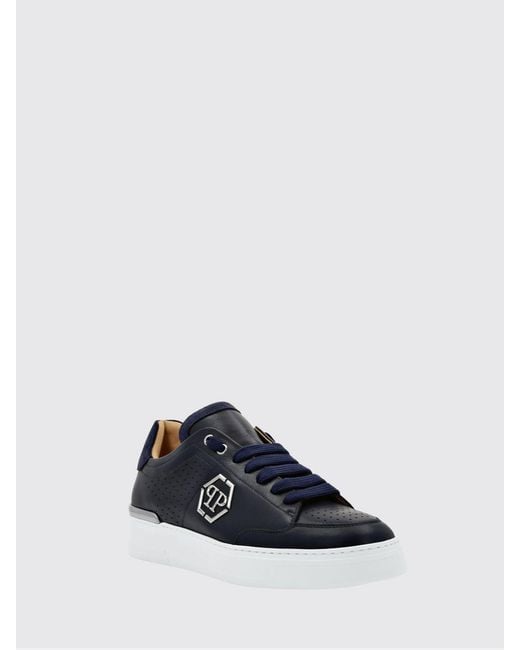 Philipp Plein White Leather Low-Top Sneakers With Monogram Pattern And Applied Hexagon Logo for men