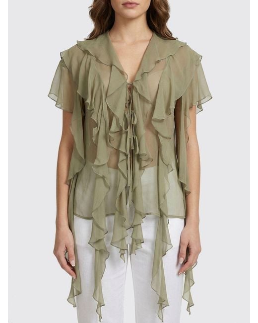 Erika Cavallini Semi Couture Green Georgette Shirt With Ruffles