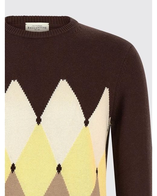 Ballantyne Brown Argyle Cotton And Cashmere Blend Crew Neck Sweater With Slim Fit for men