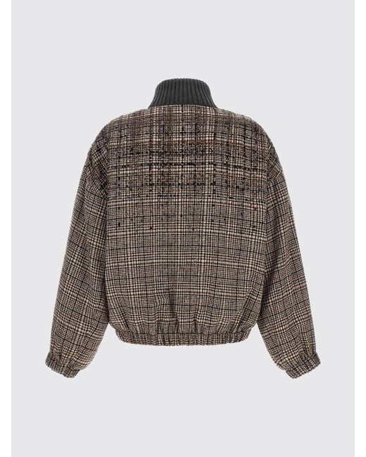 Brunello Cucinelli Brown Relaxed Fit Prince Of Wales Wool Bomber Jacket With Sequins