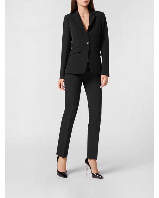 Philipp Plein Black Single-Breasted Cropped Crêpe Blazer With Skull Print And Rhinestones
