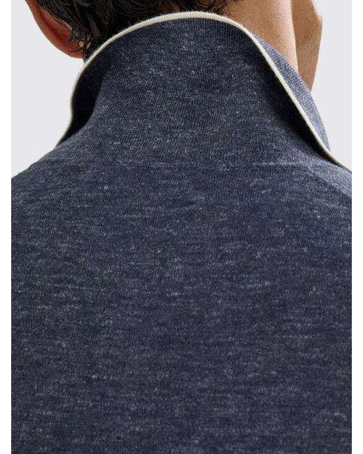Brunello Cucinelli Blue Cashmere Silk And Hemp Knit Polo Shirt for men