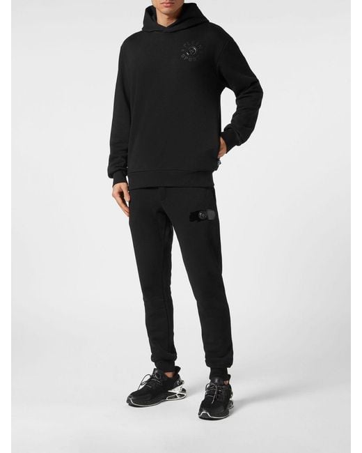 Philipp Plein Black Dropped Shoulder Cotton Blend Hoodie With Logo Print for men