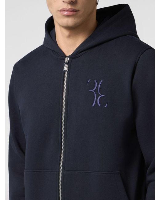 Billionaire Blue Cotton Zip-Up Hoodie With Embroidered Logo for men