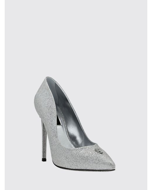 Philipp Plein White Glitter Leather Pumps With Skull Application And High Heel
