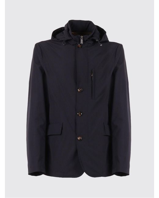 Moorer Blue Single-Breasted Technical Fabric Coat With Hood for men