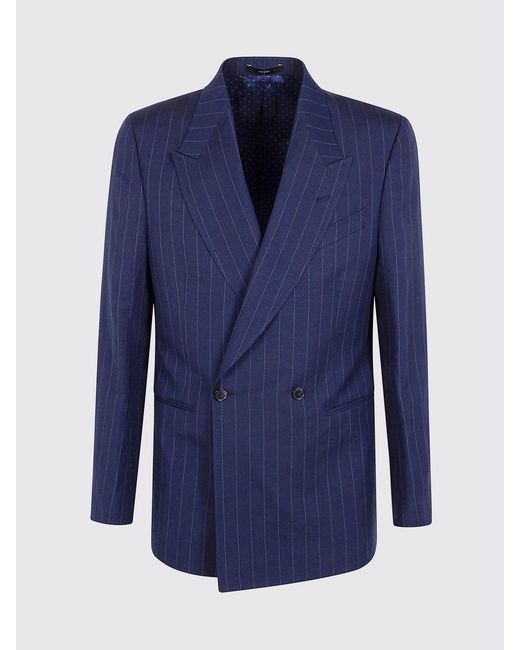 Paul Smith Blue Double-Breasted Pinstripe Wool And Linen Blazer for men