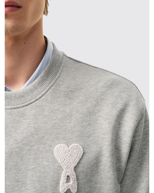 AMI Gray Cotton Crew-Neck Sweatshirt With Logo for men