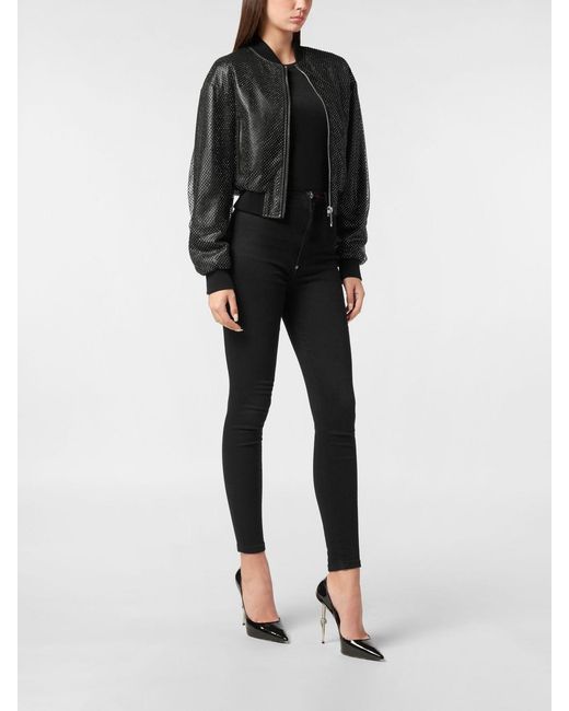 Philipp Plein Black All Over Crystal Nappa Crop Bomber
