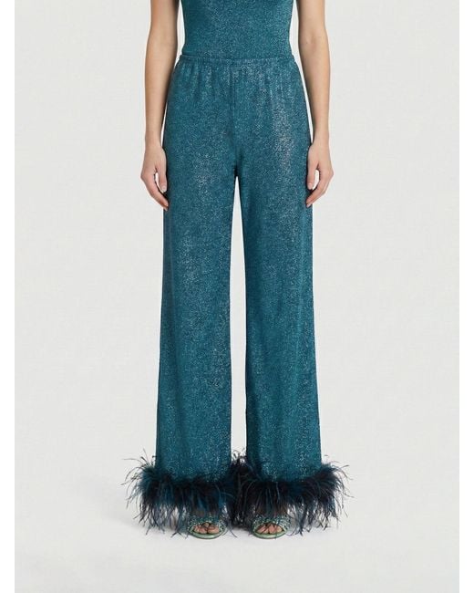 Oseree Blue Lurex Jersey Pants With Feathers