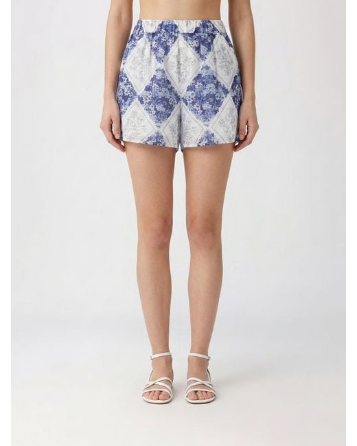 Twinset Blue Floral Raffia And Cotton Shorts