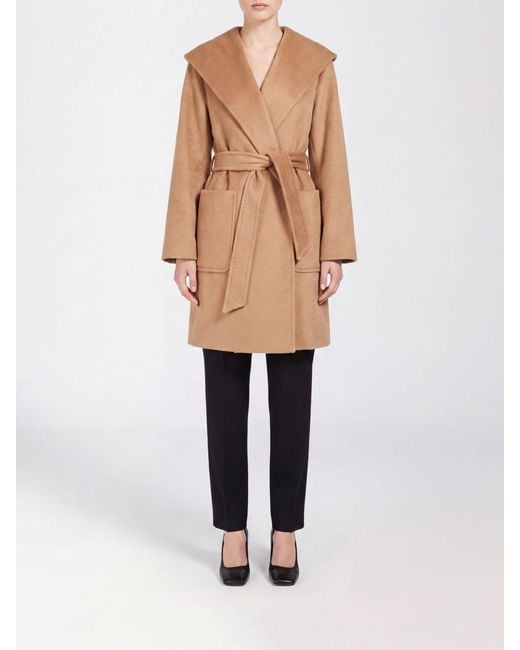 Max Mara Natural Knee-Length Wool Robe Coat With Shawl Collar And Belt